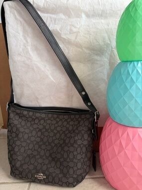 Coach Brown and Black Signature Canvas Shoulder Bag